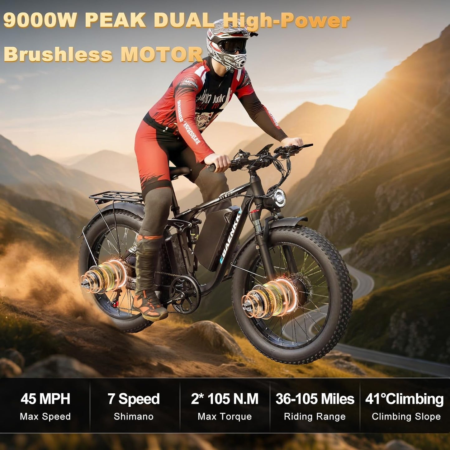 9000W Dual Motor Electric Bike for Adults,24" Fat Tire Off-Road E-Bike, 45MPH Top Speed, 52V 34Ah Battery Long Range,Full Suspension & Dual Hydraulic Disc Brakes,All Terrain Ebike